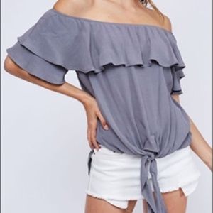 OFF SHOULDER RUFFLE TOP WITH SELF TIE FRONT